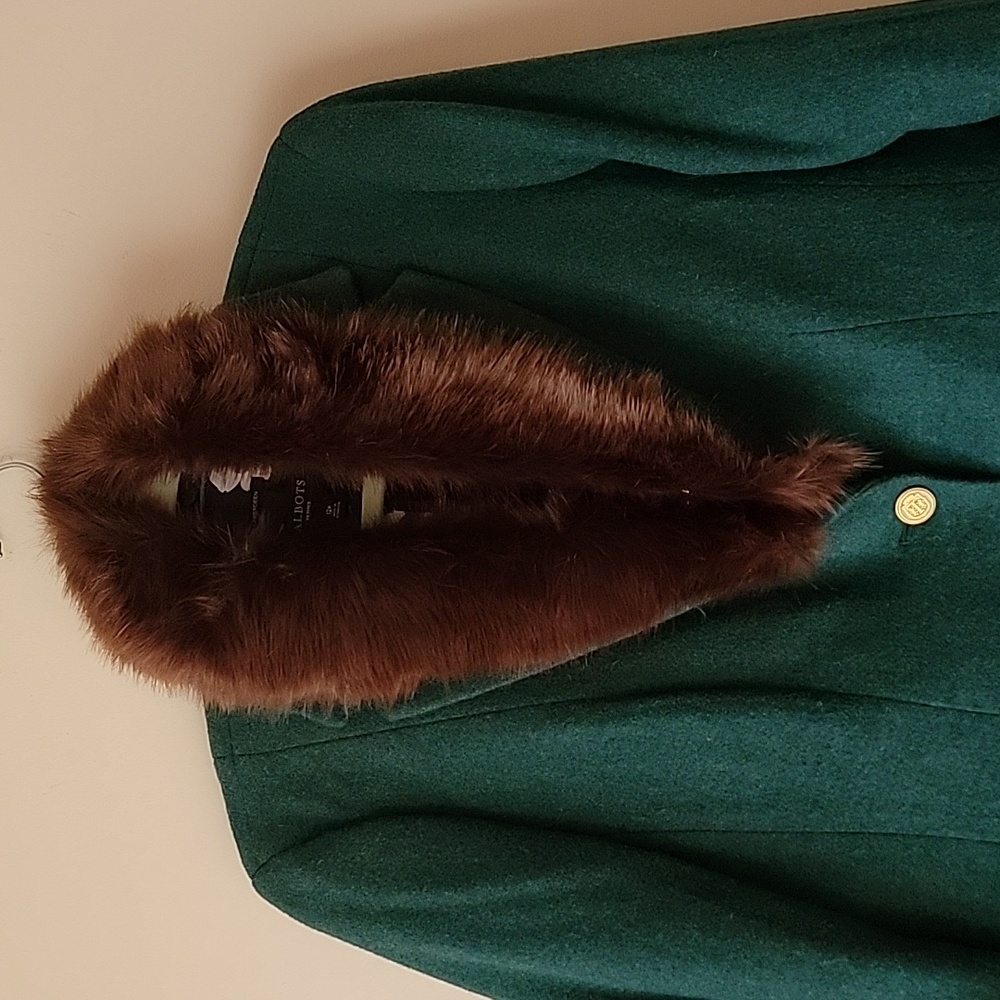 Talbots Dark Green Wool Jacket with Brown Faux Fur Collar - Picture 3 of 7
